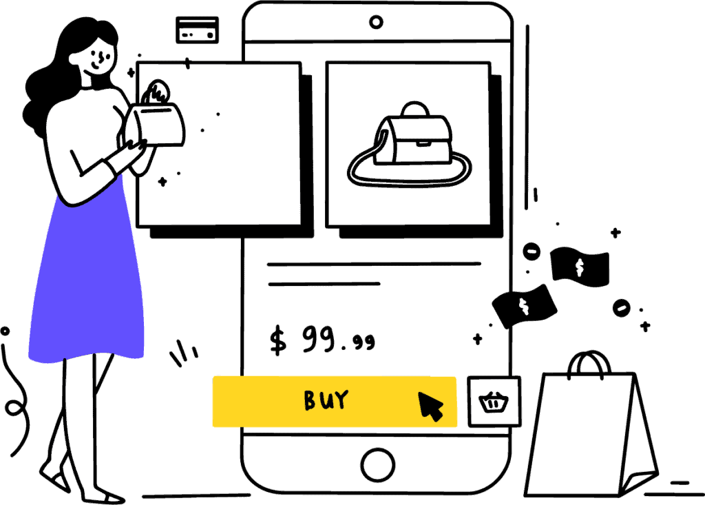Illustration of a lady holding a handbag while standing next to a giant mobile screen depicting an online shopping user interface