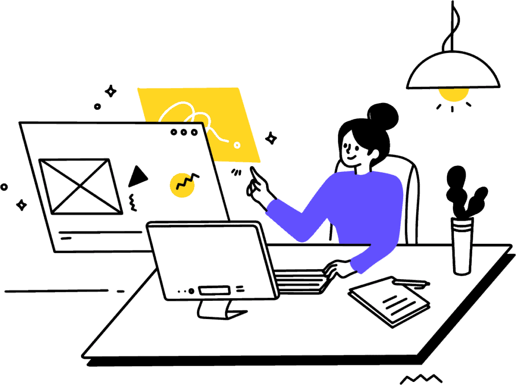 Illustration of a lady sitting behind a desk pointing at the screen