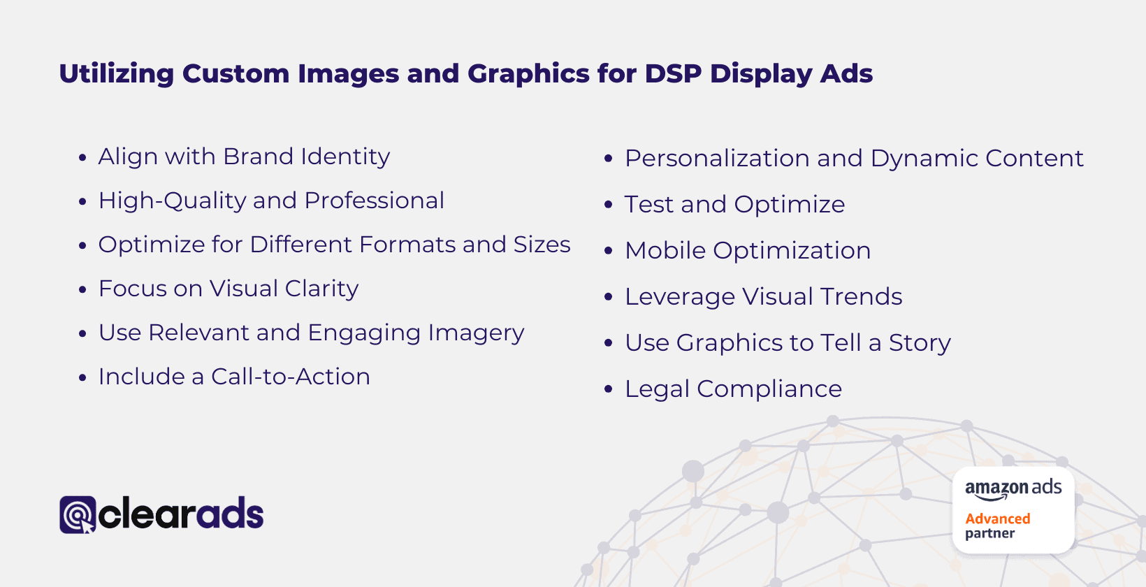 et expert insights on optimizing images and graphics for Amazon DSP Advertising with our detailed visual guide. This content outlines essential bullet points to ensure your DSP display ads are visually stunning and high-performing.