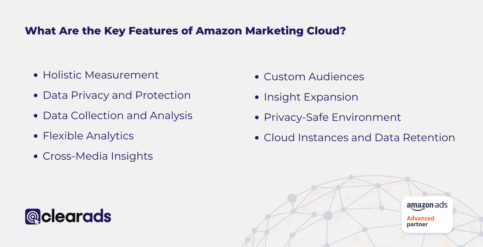 An outline of Amazon Marketing Cloud's key features such as holistic measurement, data privacy, custom audiences, and insight expansion, emphasizing a privacy-safe environment and data retention.
