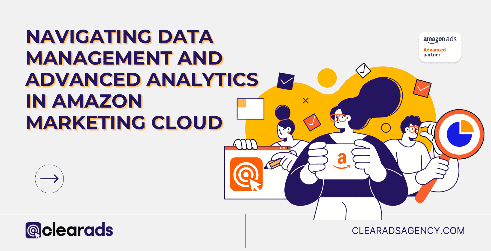 A visual introduction to managing data and utilizing advanced analytics in Amazon Marketing Cloud, featuring a character examining data charts.