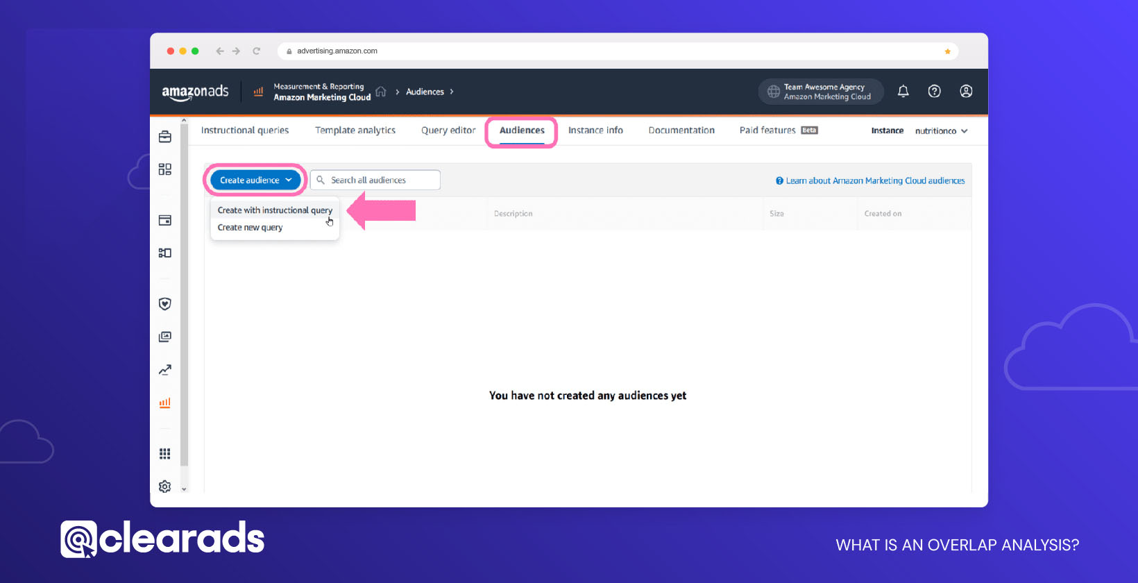 The AMC instructional query library also contains audience use cases. You can navigate to the Audiences tab then click Create audiences and Create with instructional query to see all of the audience templates available
