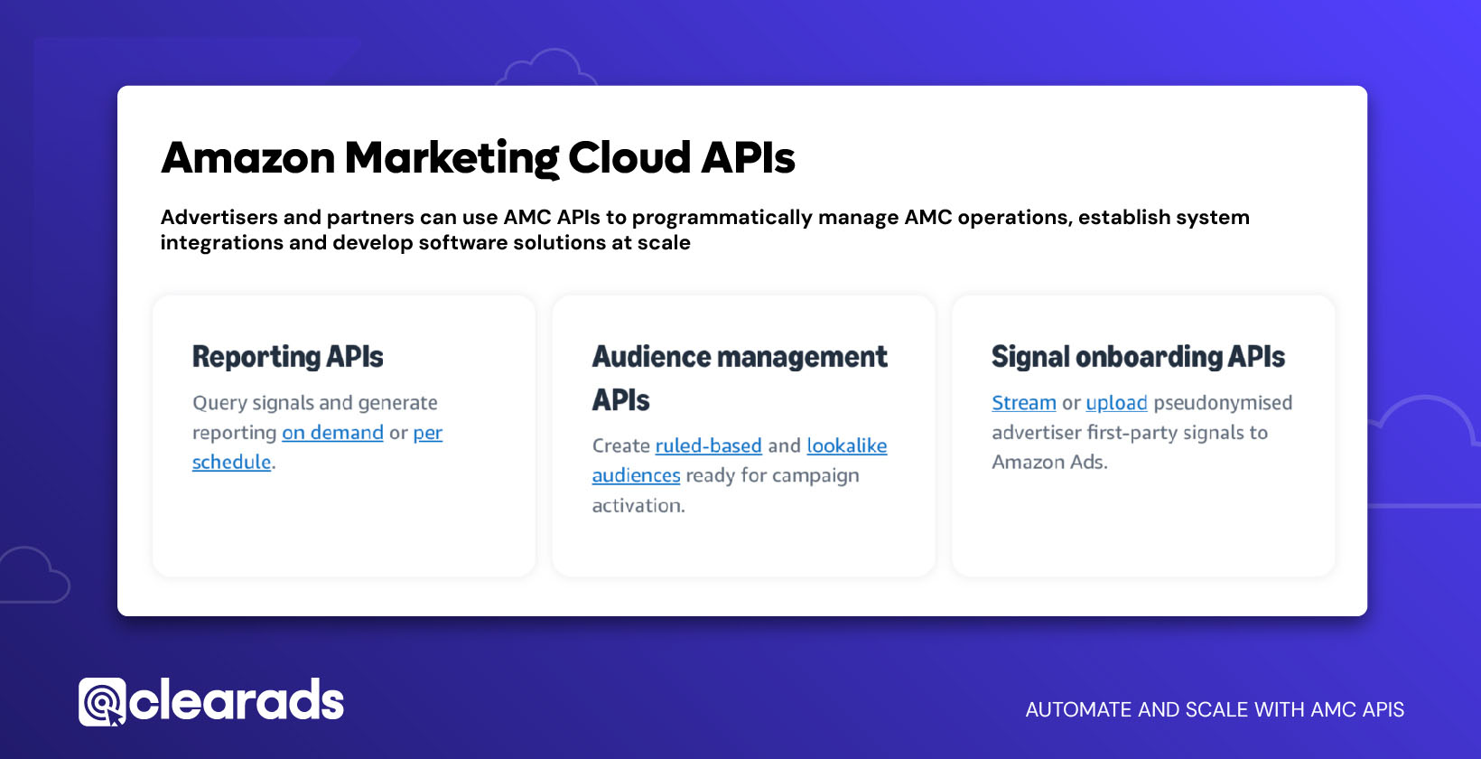 Amazon Marketing Cloud’s (AMC) APIs includes Reporting APIs, Audience Management APIs, and Signal onboarding APIs. Advertisers and partners can use AMC APIs to programmatically manage AMC operations, establish system integrations, and develop software solutions at scale