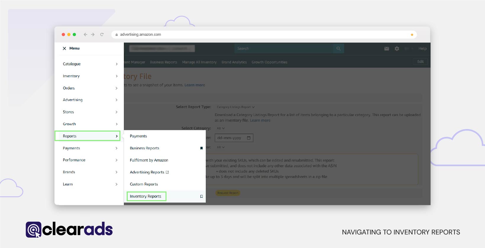 Screenshot showing how to navigate to inventory reports