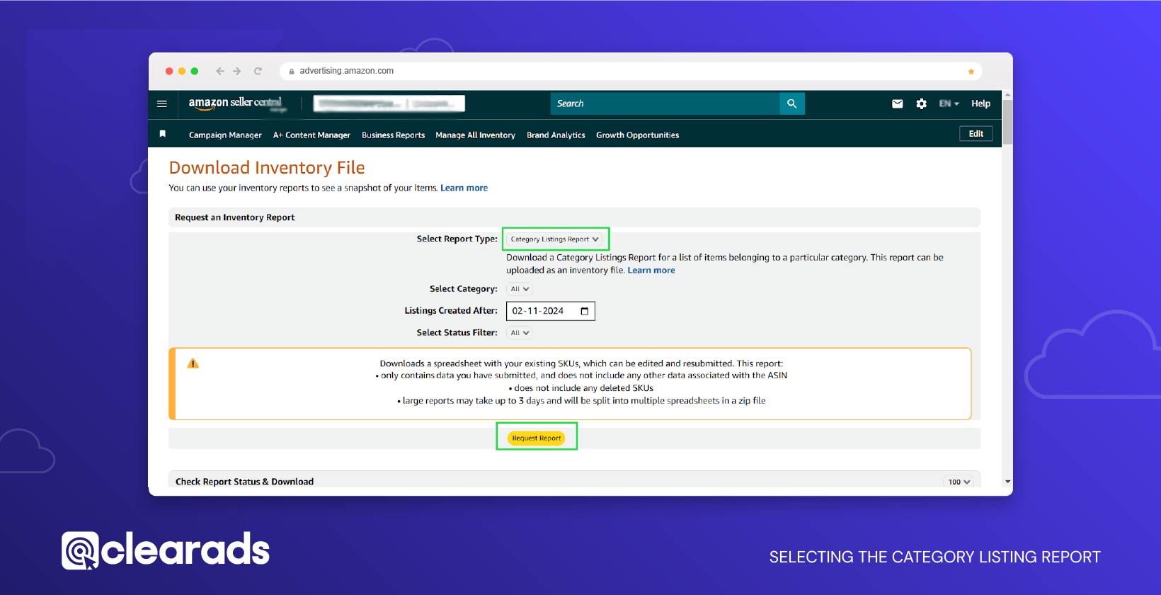 Screenshot showing how to select the category listing report