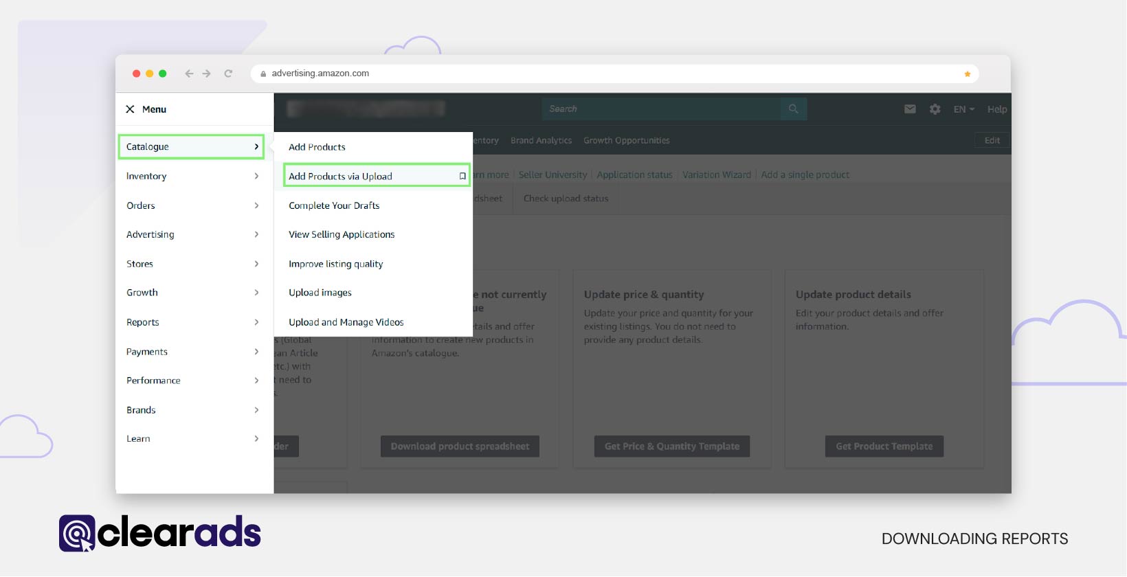 Screenshot showinghow to download flat file templates using the add products via upload method
