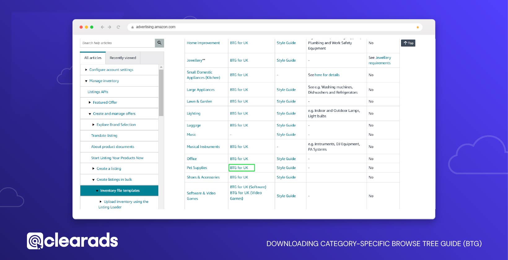 Screenshot showing downloading category specific browse tree guide