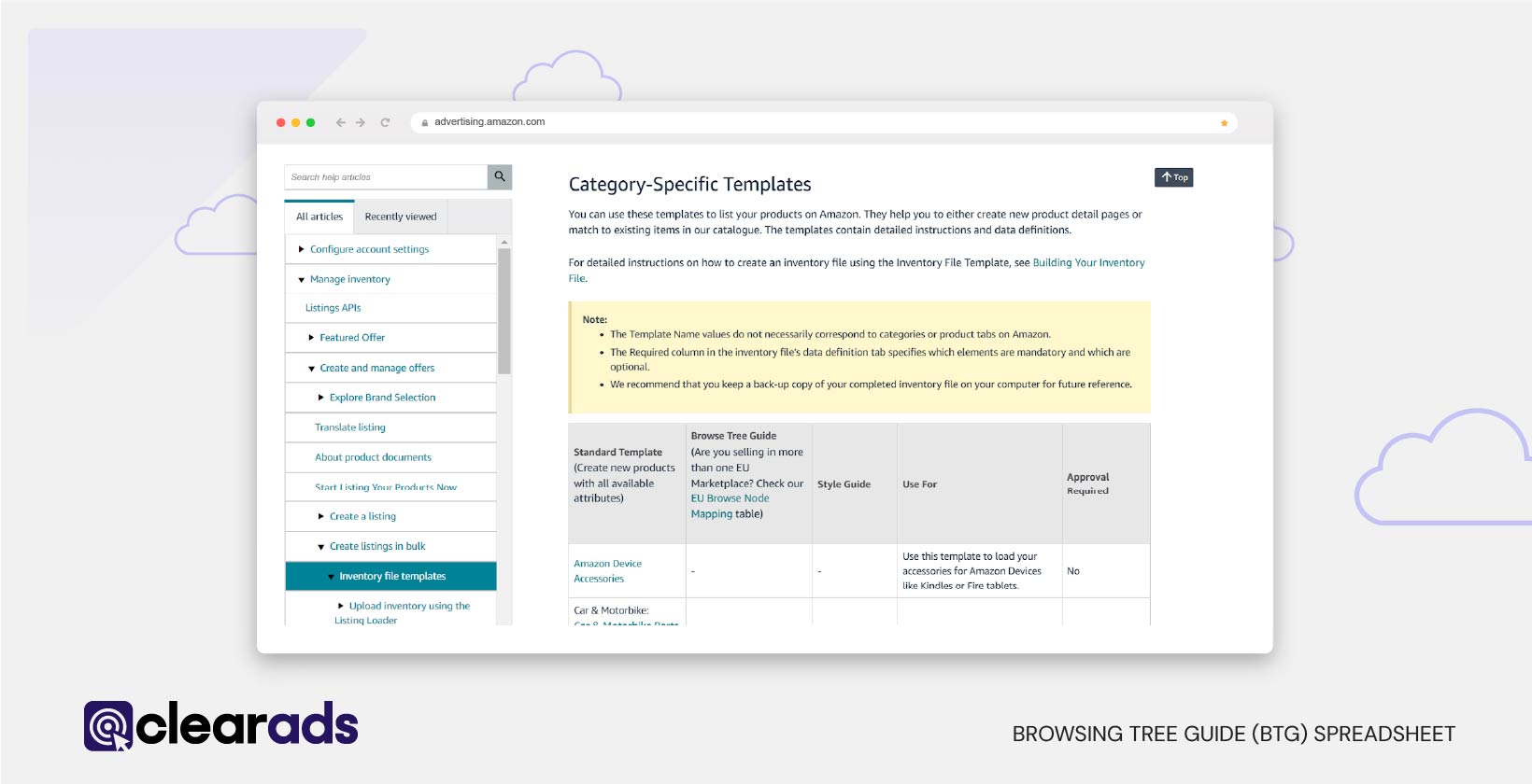 Screenshot of a Browsing Tree Guide Spreadsheet