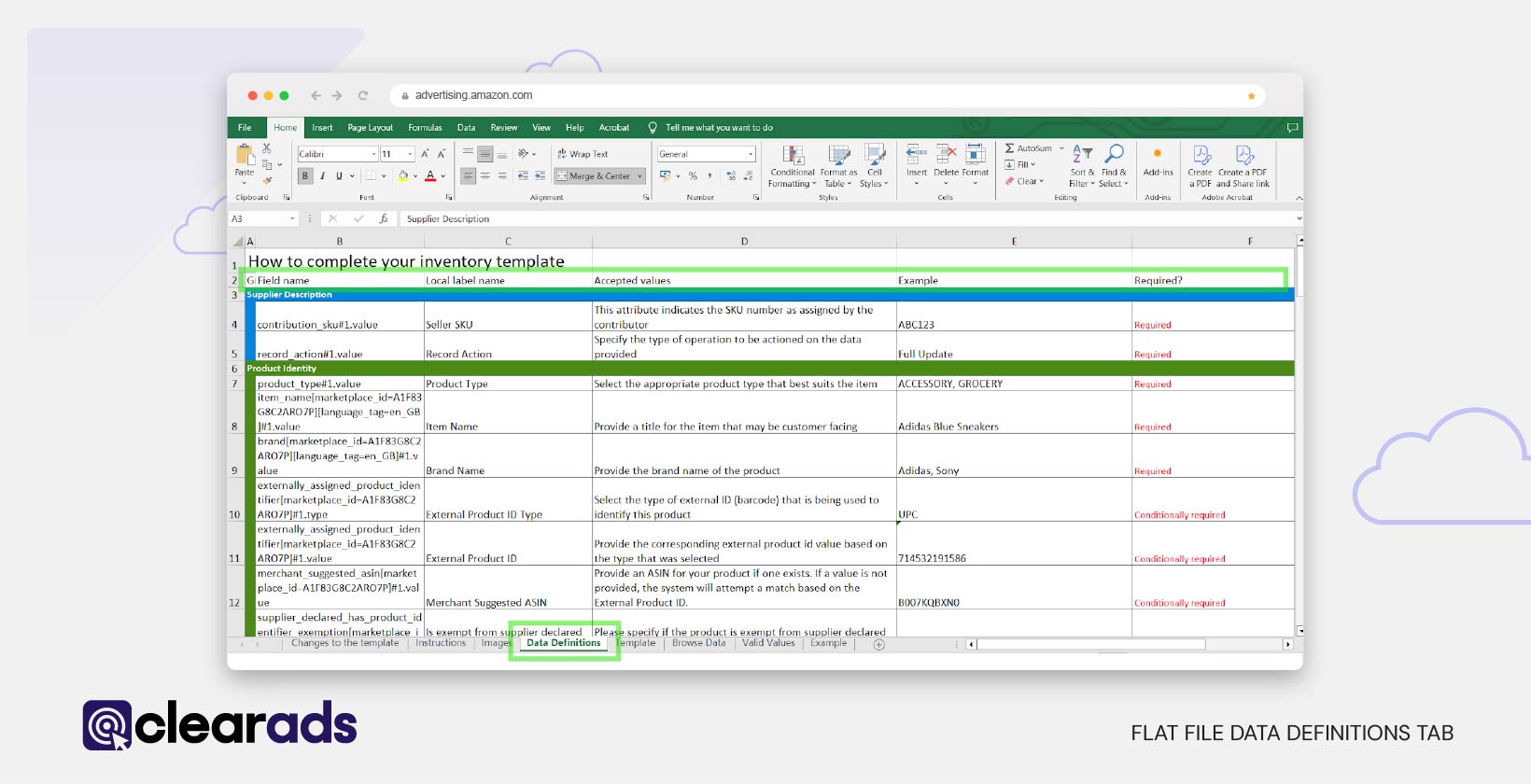 Screenshot showing the flat file definitions tab
