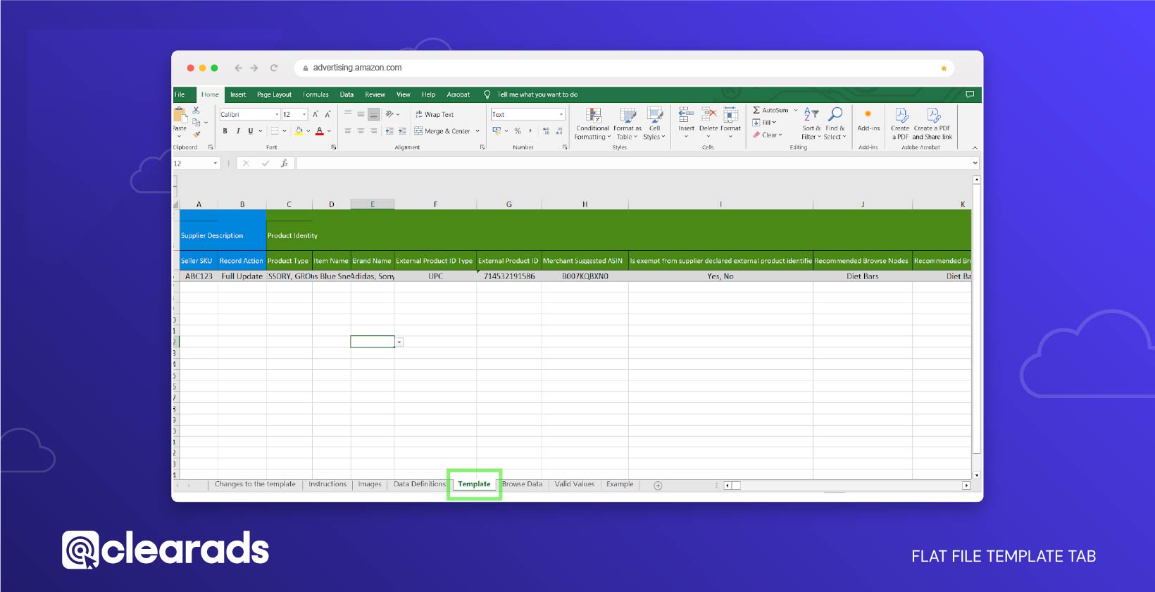 Screenshot showing the flat file template tab