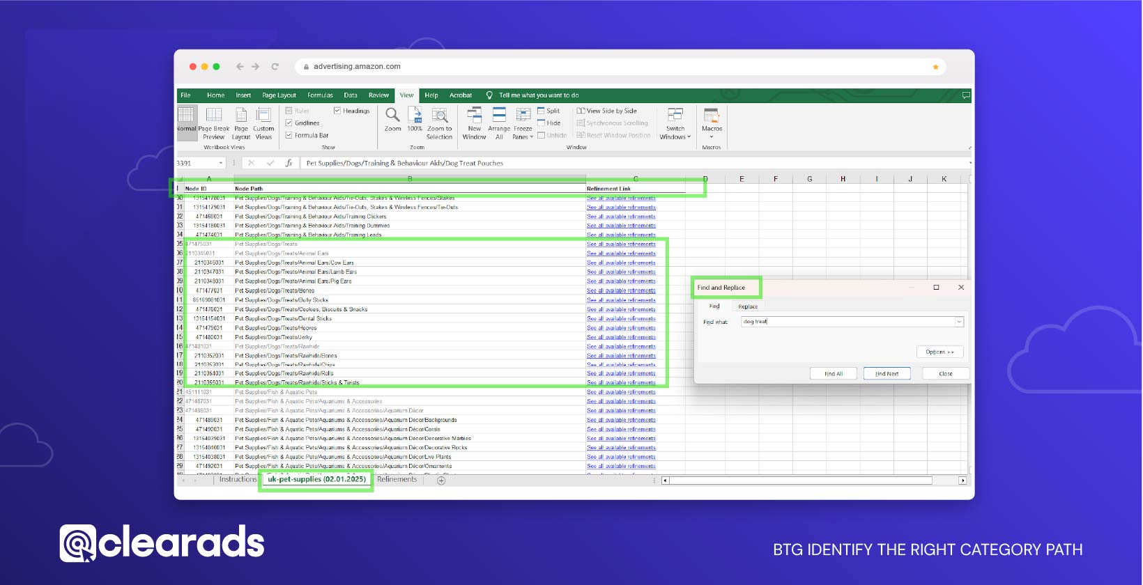 Screenshot showing BTG identifying the right category path