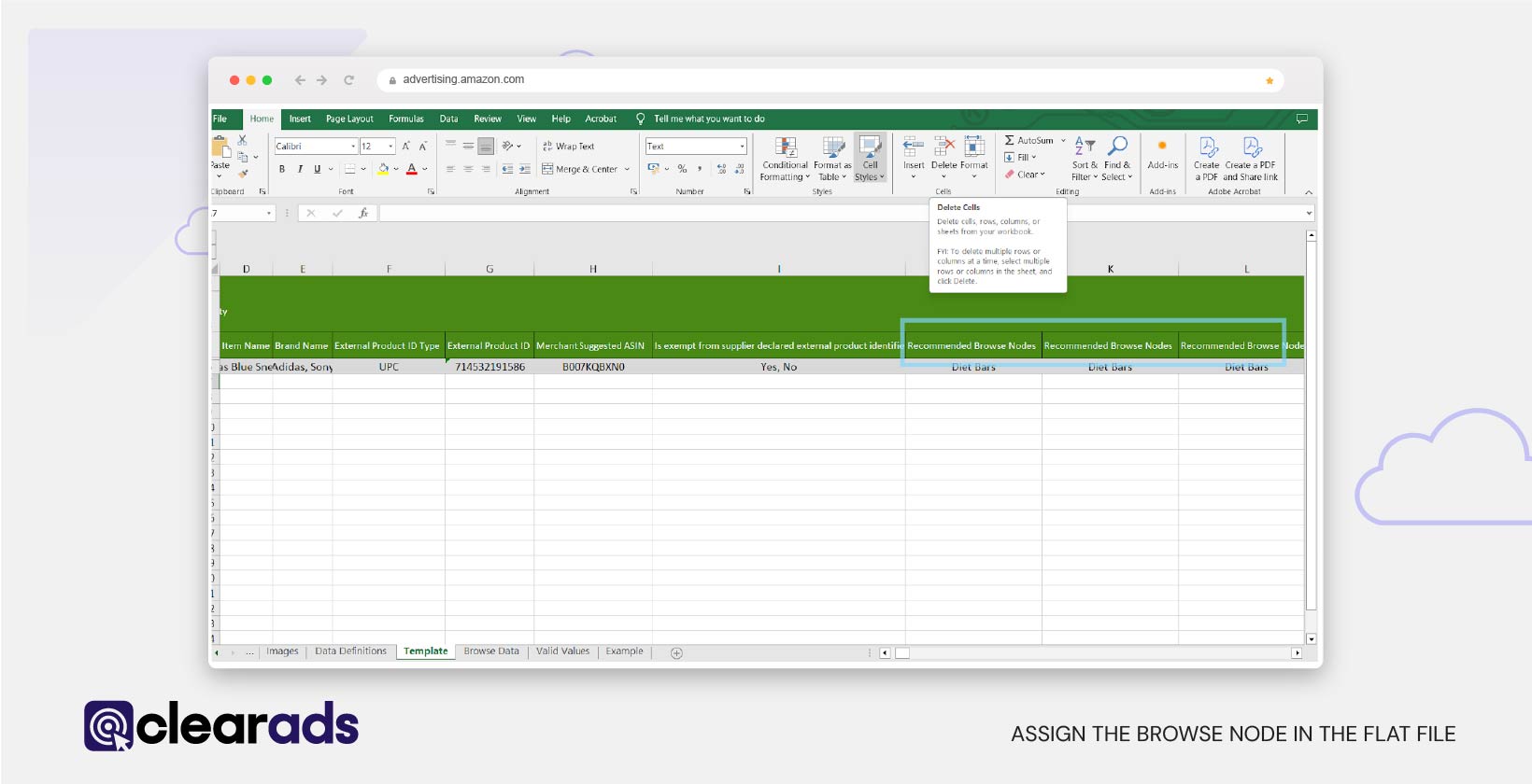 Screenshot showing how to assign the browse node in the flat file