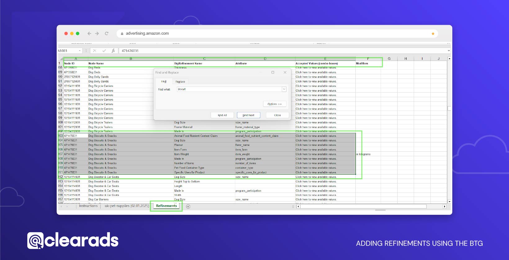 Screenshot showing how to add refinements using the BTG