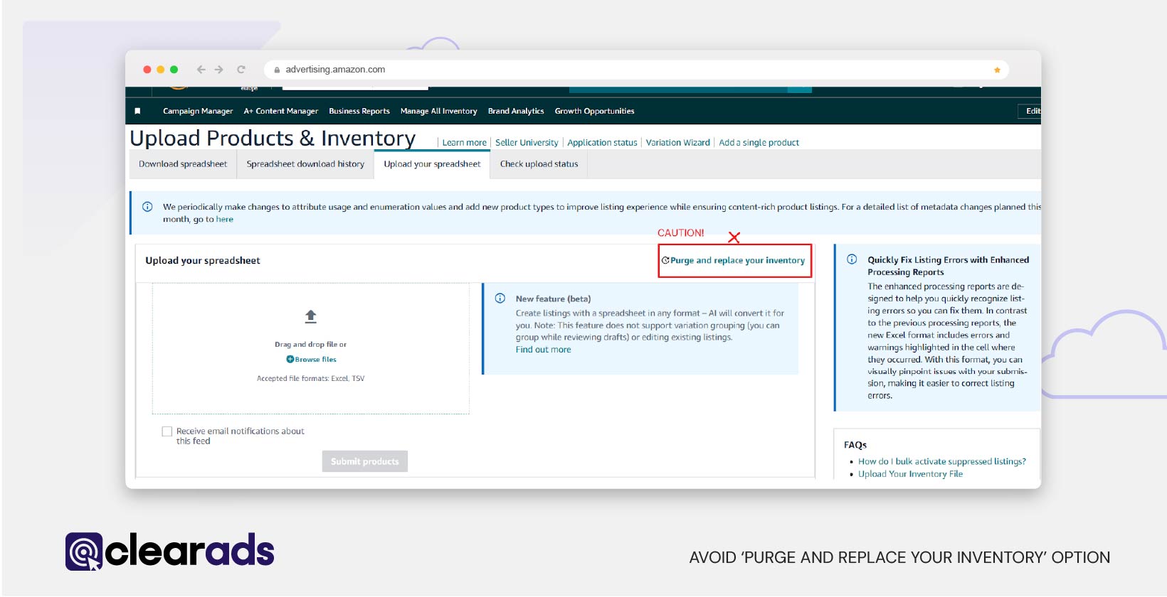 Screenshot warning against purge and replacing your inventory option