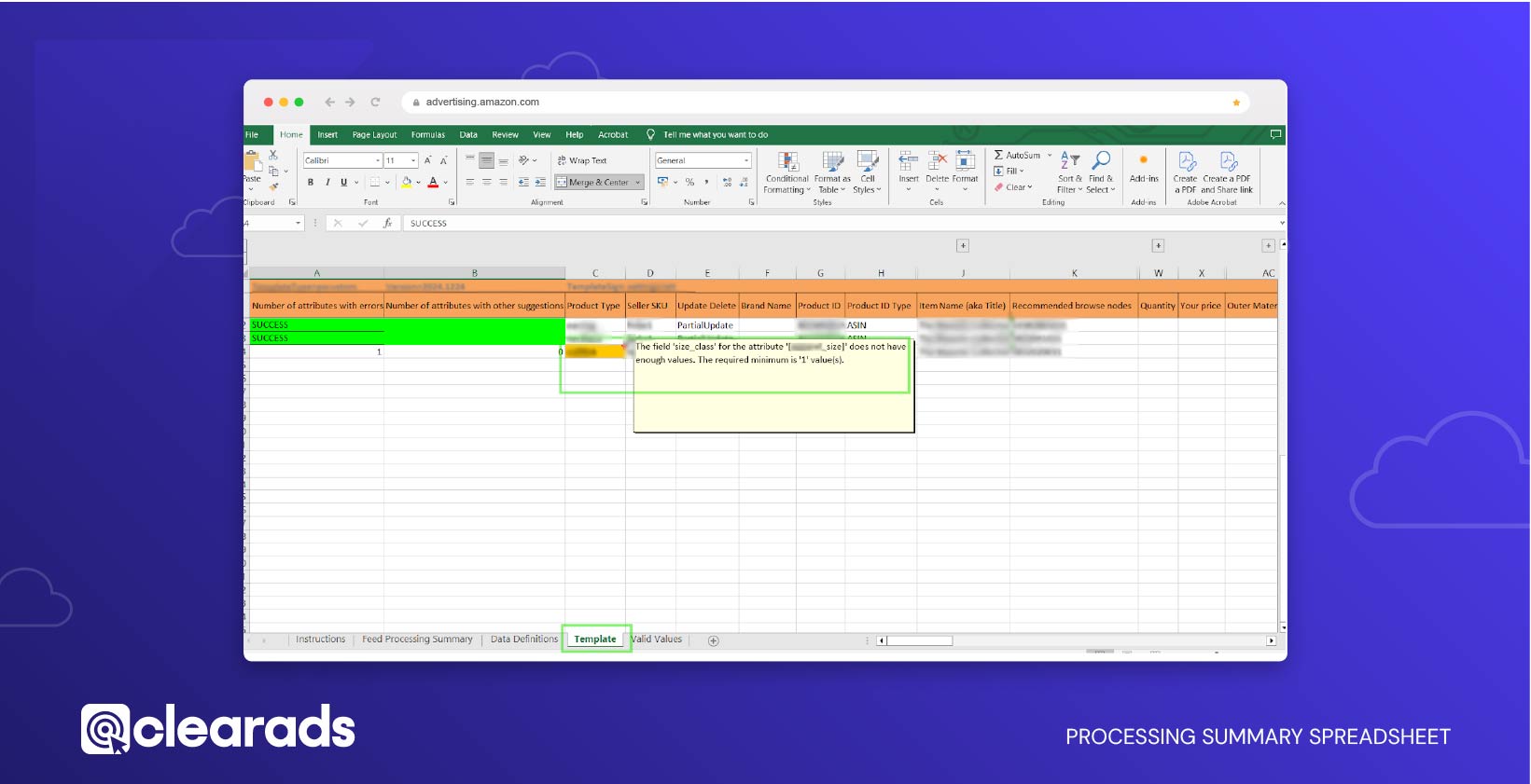 Screenshot of processing summary spreadsheet