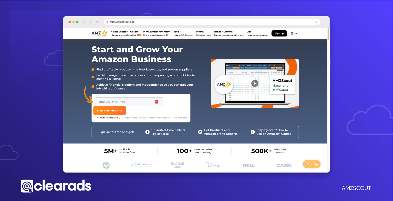 Screenshot of the homepage of AMZScout