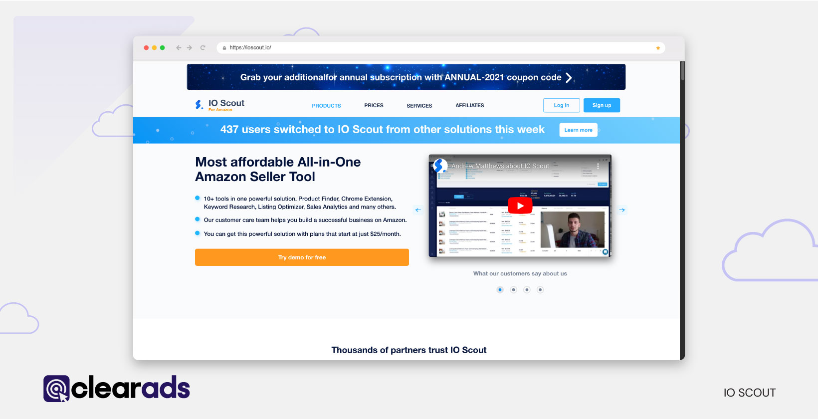 Screenshot of the homepage of IO Scout