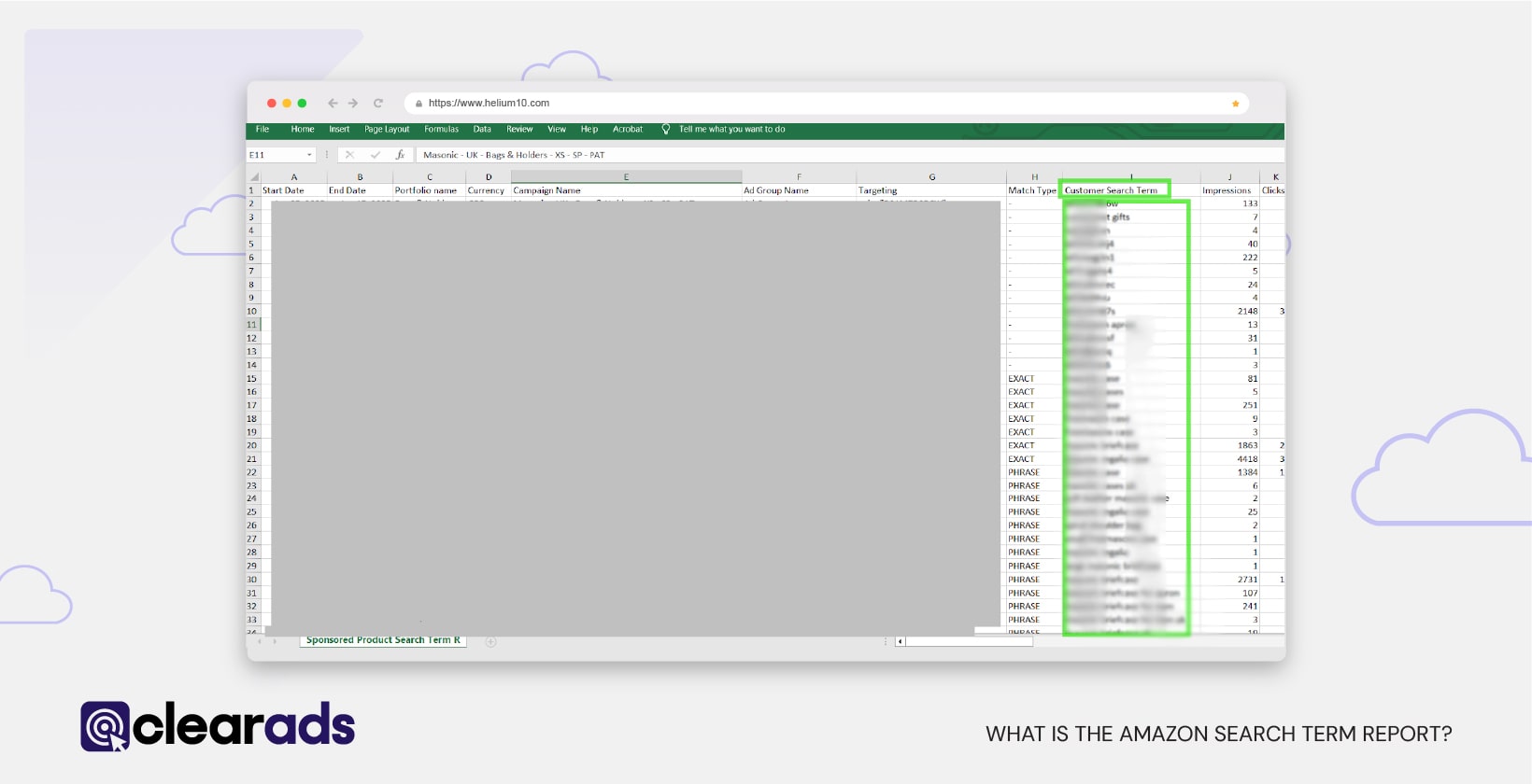 screenshot of an excel spreadsheet showing search terms