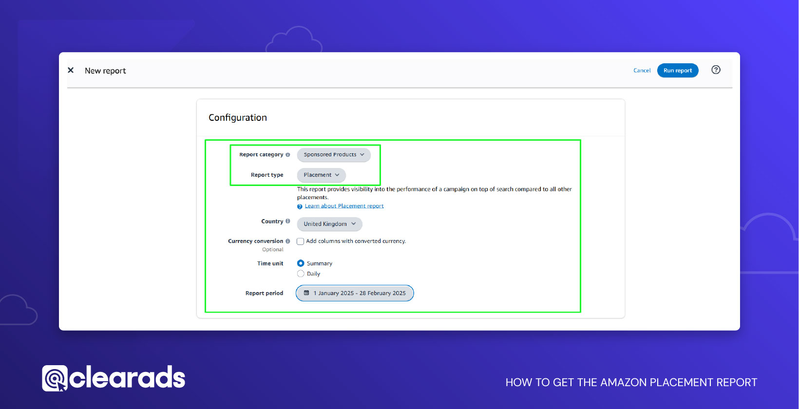 Screenshot showing process of how to get the amazon placement report