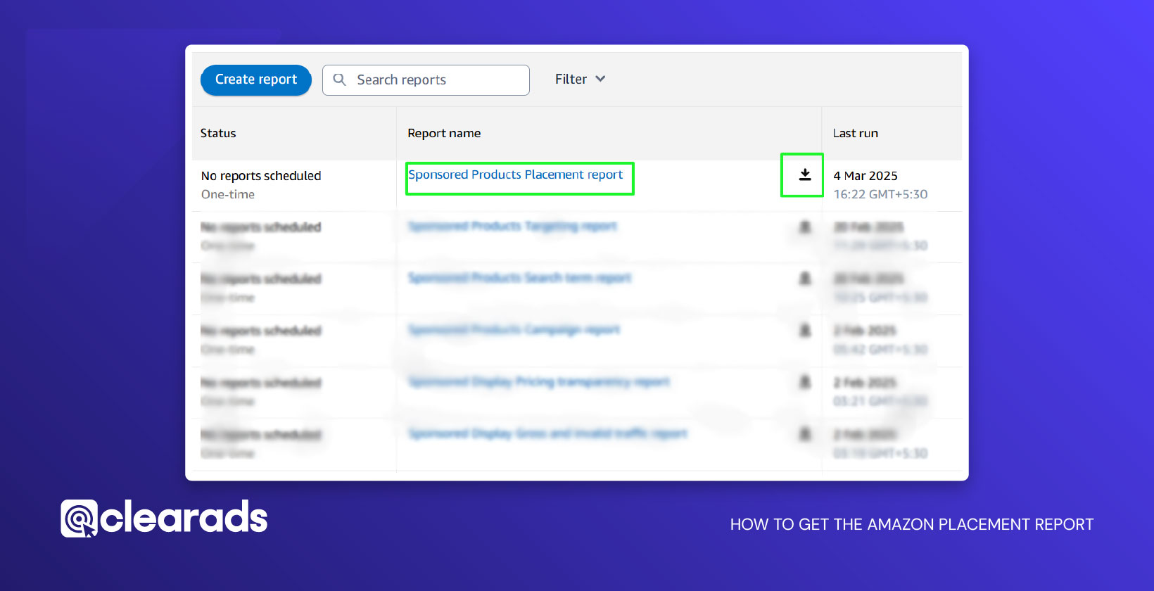 Screenshot showing process of how to get the amazon placement report