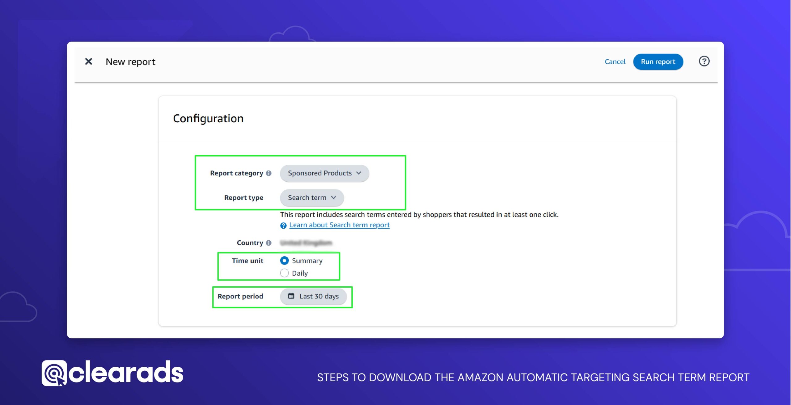 Screenshot of steps to download the amazon automatic targeting search term report