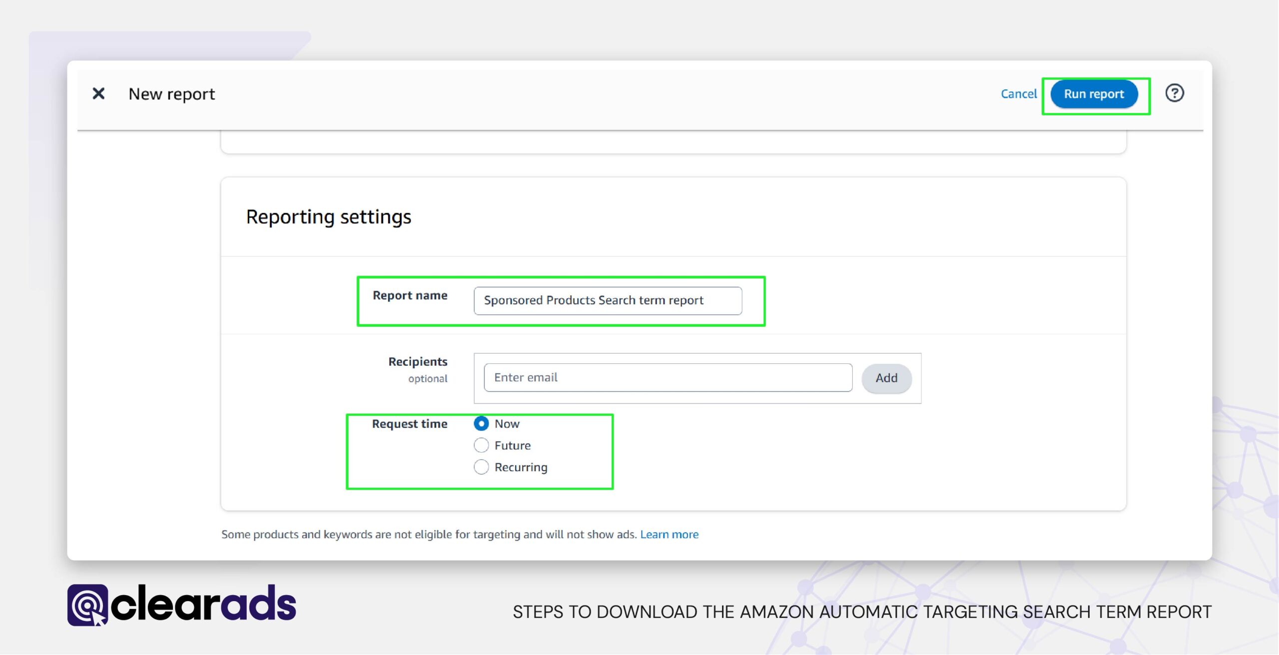 Screenshot of steps to download the amazon automatic targeting search term report