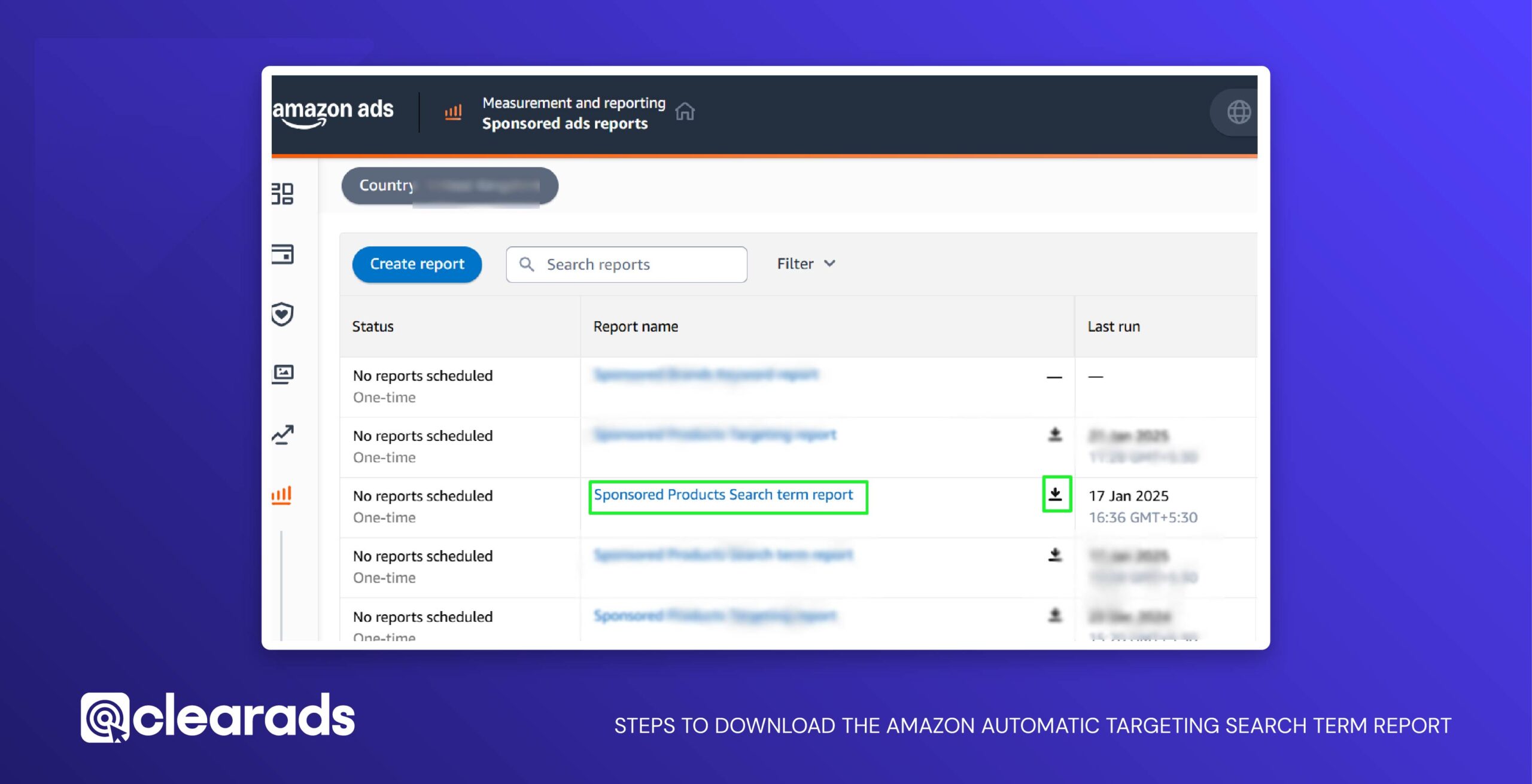 Screenshot of steps to download the amazon automatic targeting search term report