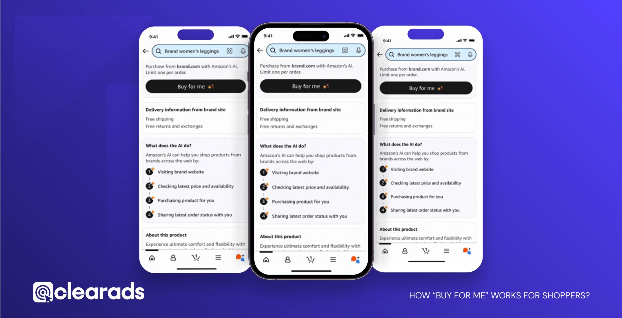 3 iPhone screens with the Buy for Me AI interface