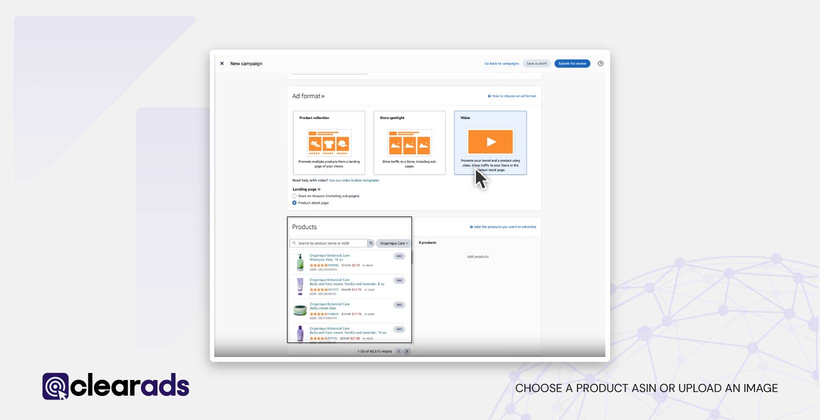 Screenshot explaining how to choose ASIN or upload an image