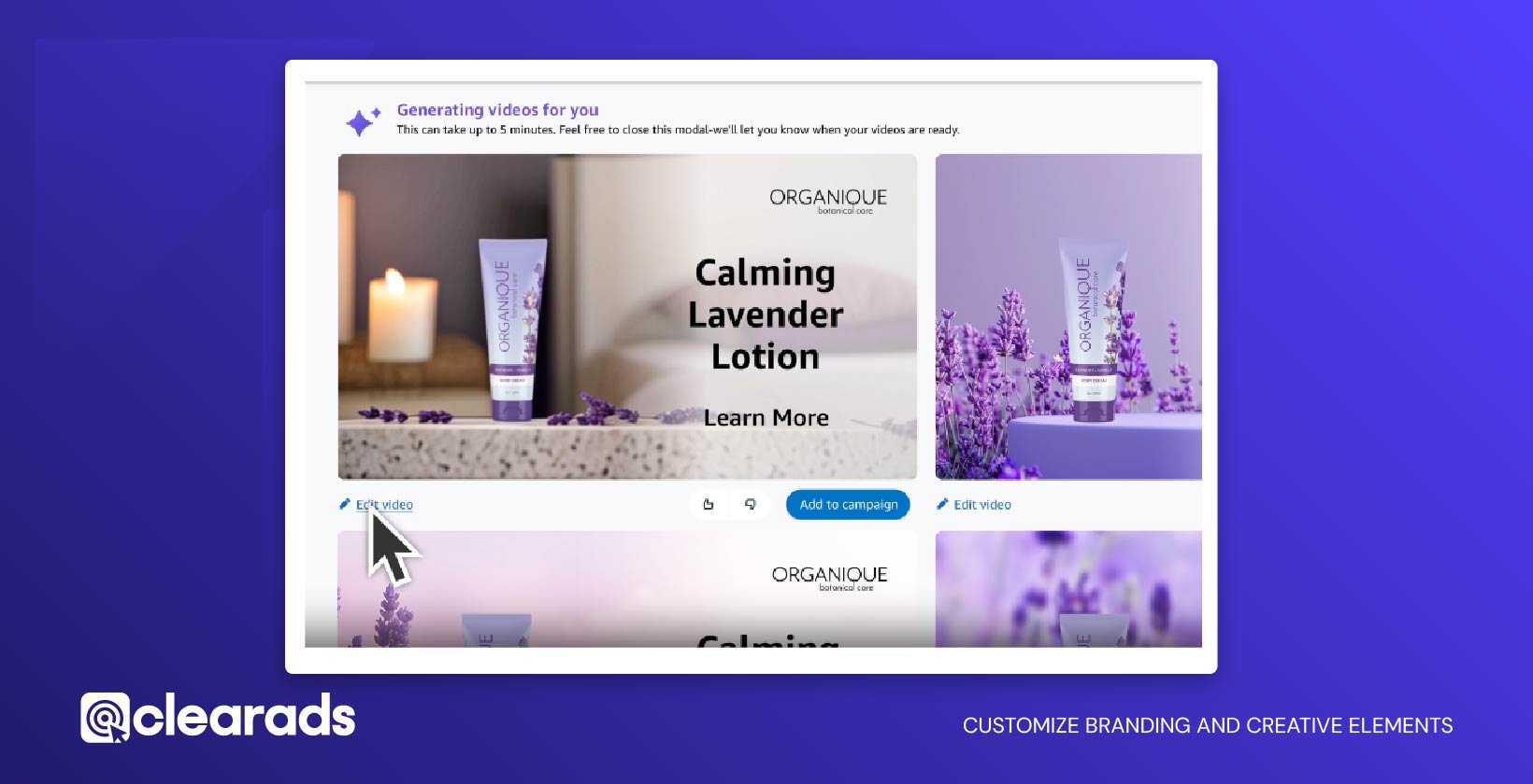 Screenshots showing how to customize branding and creative elements