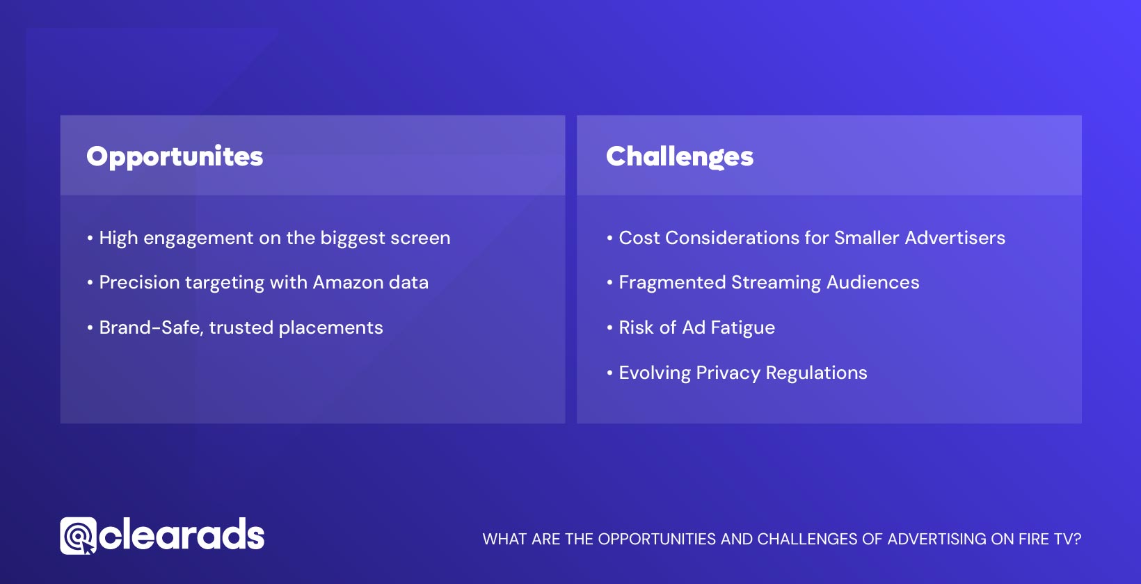 Infographic outlining the opportunities and challenges of advertising on Amazon Fire TV
