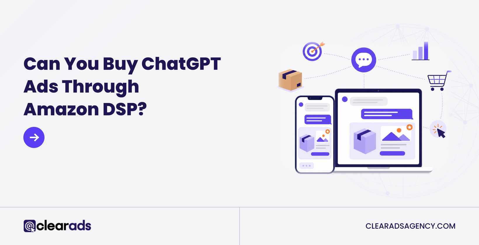 Featured graphic asking if you can buy ChatGPT ads through Amazon DSP, with a chat ad shown on phone and laptop