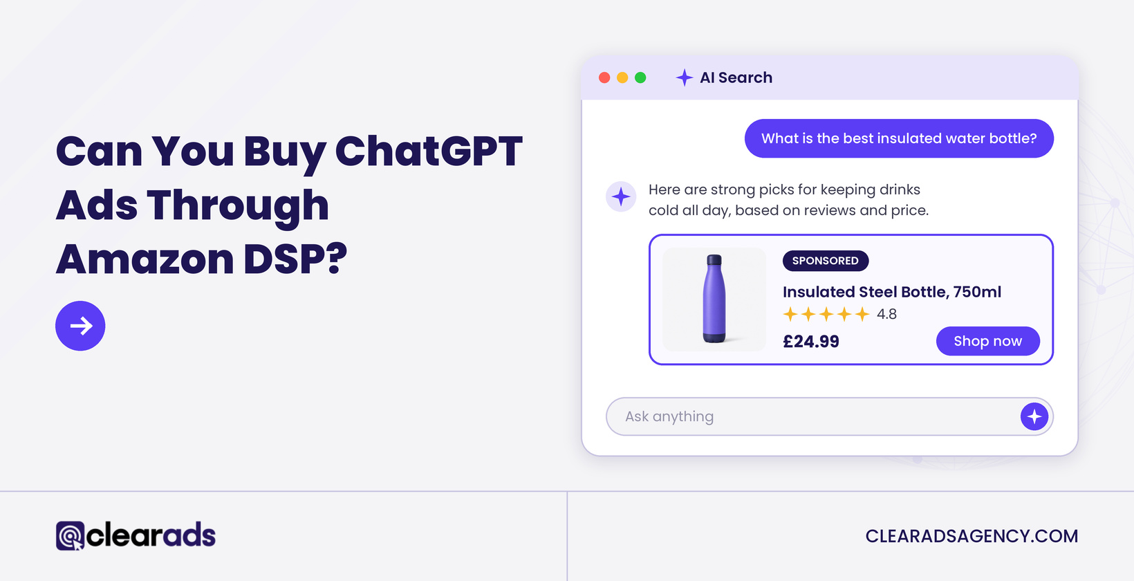 Featured graphic on ChatGPT ads through Amazon DSP: an AI search chat answer showing a sponsored product card