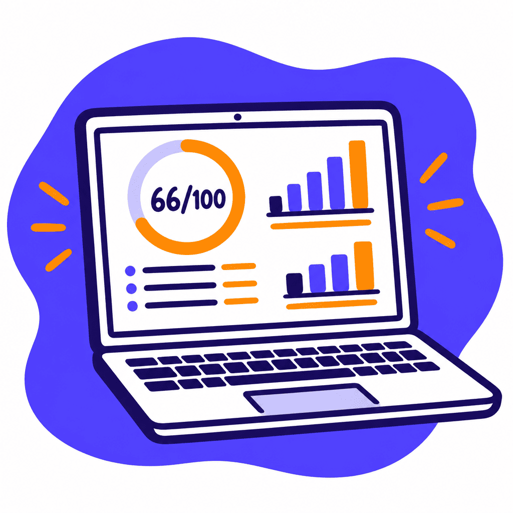 Cartoon laptop showing an audit score of 66/100